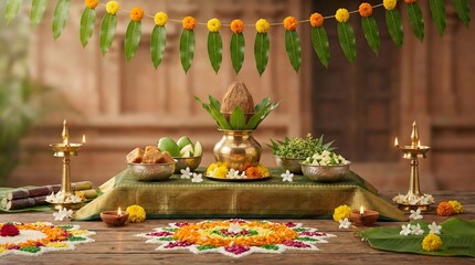 Vibrant ugadi puja setup with floral patterns and traditional decorations