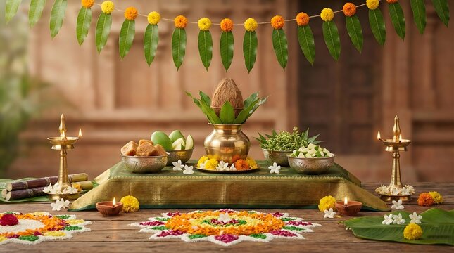 Vibrant ugadi puja setup with floral patterns and traditional decorations