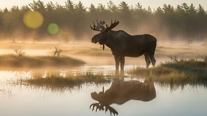 Majestic moose stands in serene misty wetland at sunrise