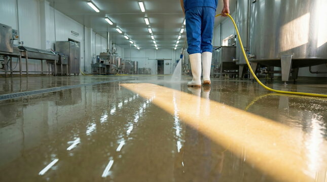 Worker in protective gear cleaning the wet floor of a food processing factory with a hose, ensuring hygiene and sanitation.