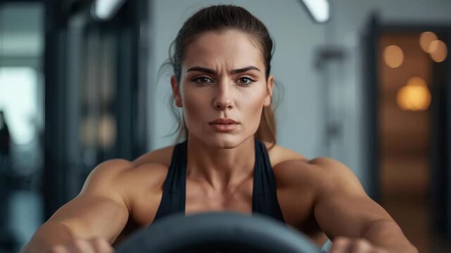 Female athlete focused rowing workout gym. intense ergometer session with muscular physique