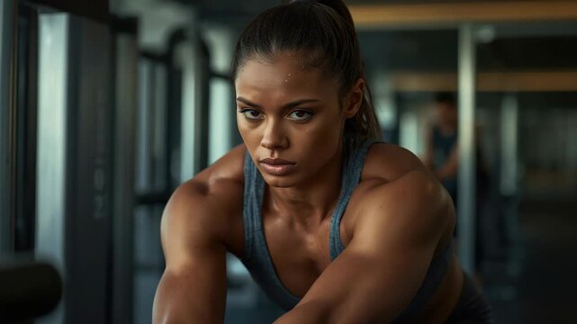 Athletic woman fitness gym workout exercise intense focused female athlete determined muscular