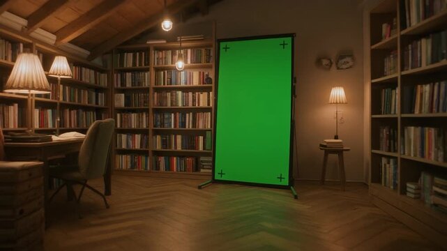 books in library and green screen on the wall