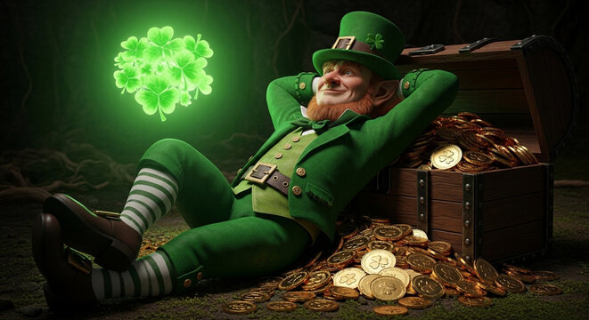 Cheerful Leprechaun Relaxing on Gold Treasure Chest St Patricks Day