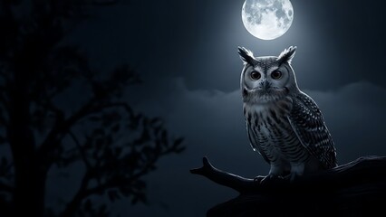 Owl perched on branch under full moon at night