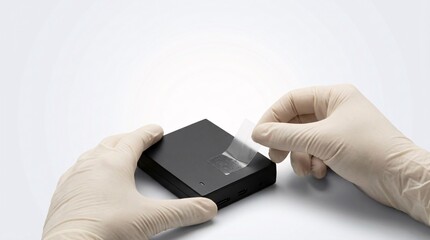 Gloved hands carefully peeling a clear protective film from a small, black rectangular electronic device on a white background.
