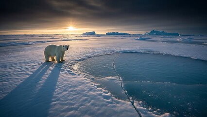 Majestic polar bear standing on Arctic ice at sunset