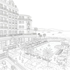 Obraz premium Luxury resort hotel with swimming pool, beach and sea view, line art drawing