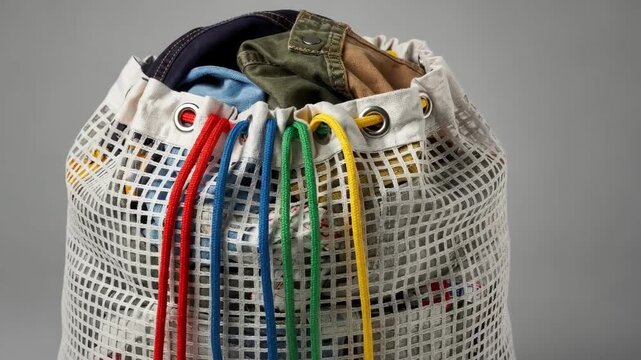 Medium shot of durable industrial laundry net knit with vibrant colored drawstrings highlighting easy identification and secure closure for heavyduty use.