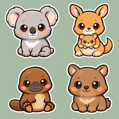 Adorable Australian Fauna: A charming collection of iconic Australian animals, including a koala, kangaroo, platypus and wombat. Each creature is depicted with endearing features and cuddly shapes.