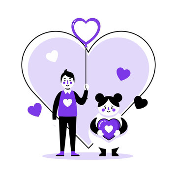 Illustration of a cartoon man and woman holding balloons in the shape of hearts.