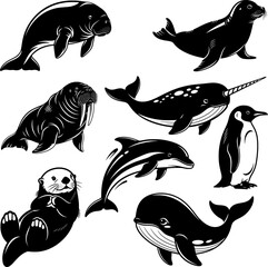 Marine mammals and arctic wildlife silhouette set, aquatic animal vector icons © pixsu