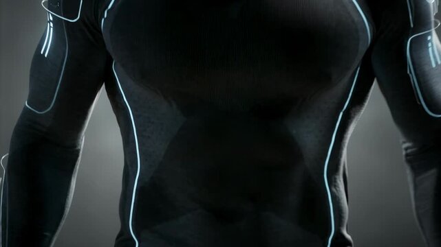 Medium shot of an athlete in a moisturetracking sports base layer featuring innovative knit technology that detects sweat and drying status during intense workouts.