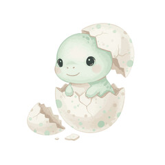 Cute baby dinosaur hatching from egg watercolor illustration. © Hato