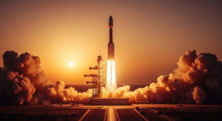 Powerful rocket launch illuminates the horizon with fiery exhaust at dawn, symbolizing progress and innovation