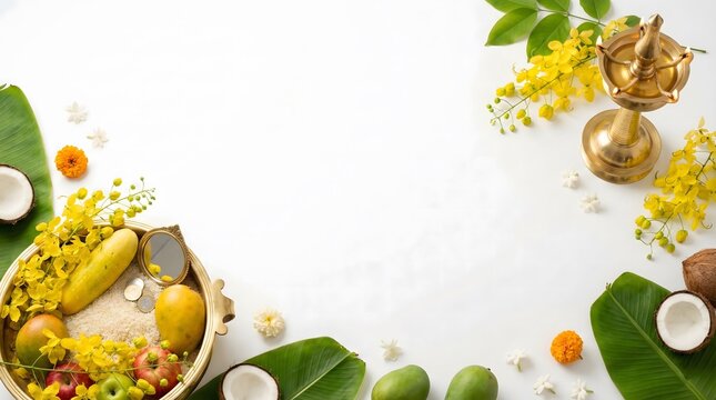 Happy ugadi festival background with traditional indian decorations and fruits