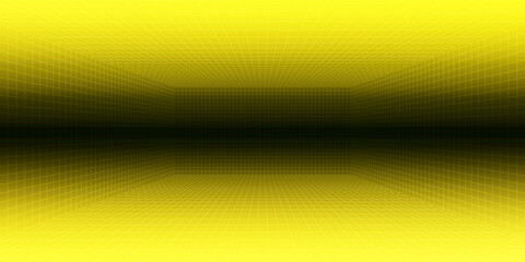 Fototapeta premium Futuristic perspective grid box. Abstract wireframe with white grid line on black background. Virtual reality landscape in 80s 90s digital style. Vector illustration.