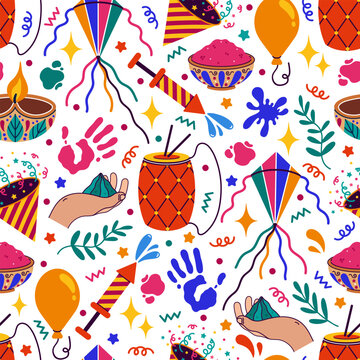 Holi festival seamless vector pattern. Colorful Indian holiday of colors. Gulal powder, hand with dye, handprints, pichkari. Balloon, kite, ritual drum, firecracker. Flat cartoon ornament for kids
