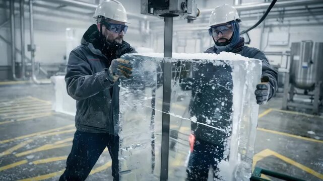 Medium shot of workers using a vertical saw to cut through large frozen ice blocks capturing the precision and control in the industrial ice processing environment.