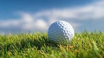 White Golf Ball Resting on Lush Green Grass Under a Bright Blue Sky with Puffy Clouds Close Up
