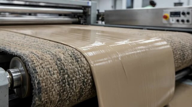 Medium shot of a rubberized industrial conveyor belt applying a protective coating to heavyduty textile fabric for enhanced durability in manufacturing processes.