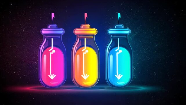 Three stylized, glowing bottles with colorful interiors and arrows, set against a dark background