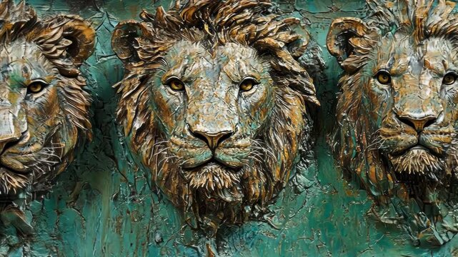 Three stylized lion heads with detailed fur, facing forward on a textured, teal backdrop