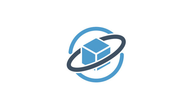 Blue cube with orbiting ring symbol.