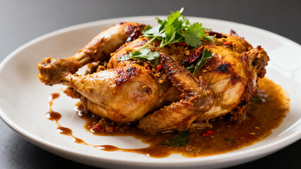 Fototapeta premium A cinematic aesthetic product photo of ayam betutu, full dish visible, clean background, high resolution, sharp focus