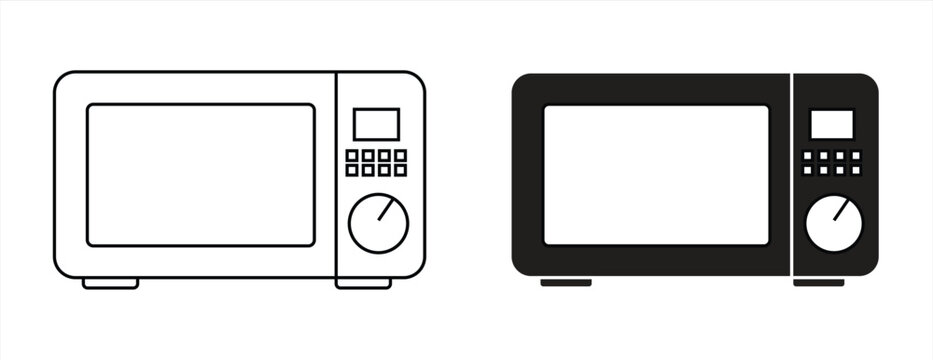 The microwave oven icon is a line and solid image that shows heat waves for kitchen appliances. Vector illustration