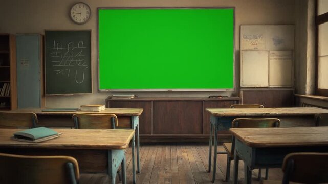 school classroom  and green screen on the wall