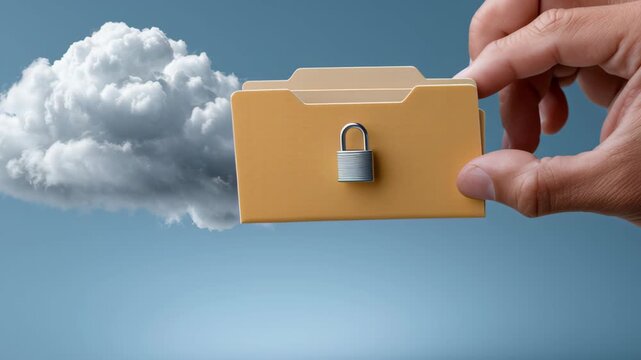 Cybersecurity and Data Privacy concept ,Cloud folder lock held by hand symbolizing secure data storage privacy and security