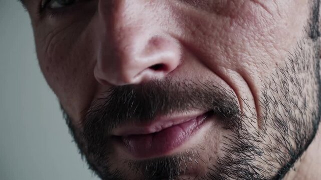 Close-up video shot of a man's face, highlighting textured skin and beard. The angle captures a thoughtful expression with soft lighting.