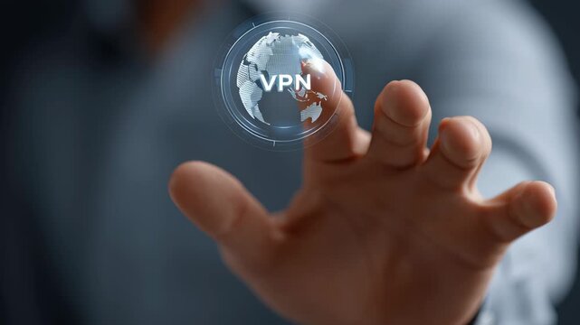 Cybersecurity and Data Privacy concept ,Virtual private network vpn concept with hand pointing digital globe for secure internet