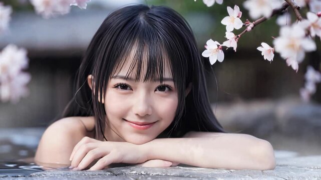 桜の咲く温泉露天風呂に入浴中の若い女性