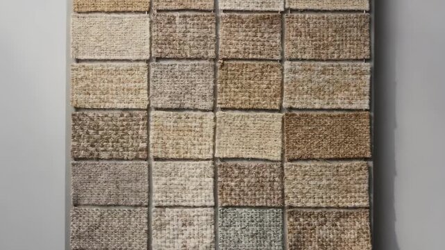 Medium shot of a swatch board displaying diverse weave patterns highlighting the intricate texture of plain weave samples in natural hues.