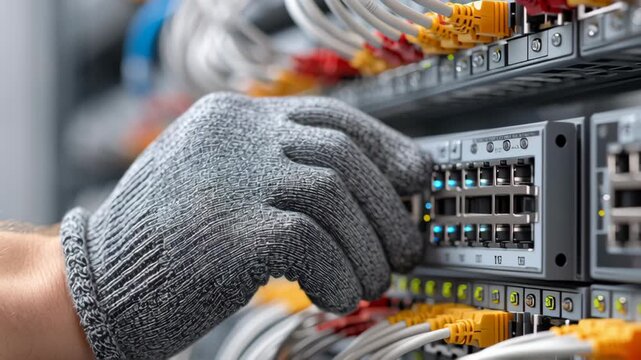 Cybersecurity and Data Privacy concept ,Network cable connection patch panel server room with gloved hand adjusting network