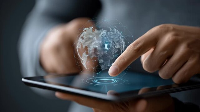 Cybersecurity and Data Privacy concept ,Virtual private network vpn digital globe tablet touchscreen finger activating network