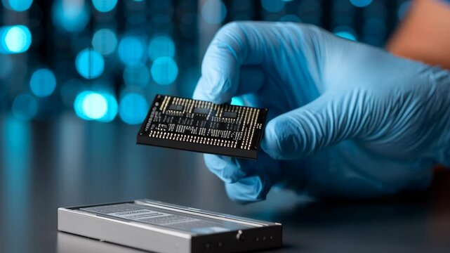 Cybersecurity and Data Privacy concept ,Microchip held by gloved hand with electronic device and circuit board over solid state