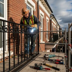 Welder working on metal railing outdoors.