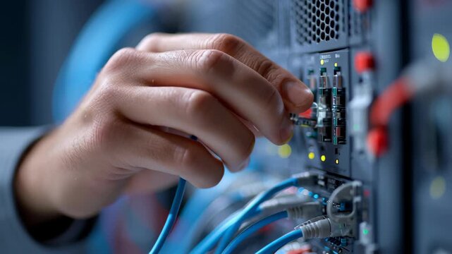 Cybersecurity and Data Privacy concept ,Hand plugging network cable into switch port with blue cables connected showing
