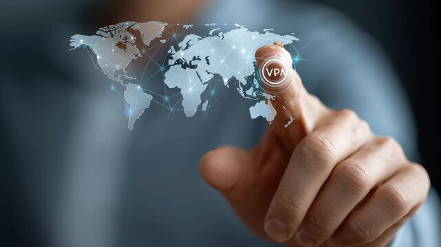Cybersecurity and Data Privacy concept ,Virtual private network concept with hand and finger pointing digital world map vpn
