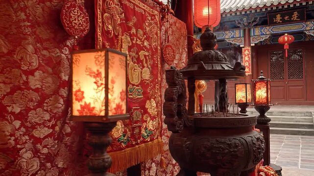 Lunar New Year Temple Scene with Traditional Lanterns and Incense Burner