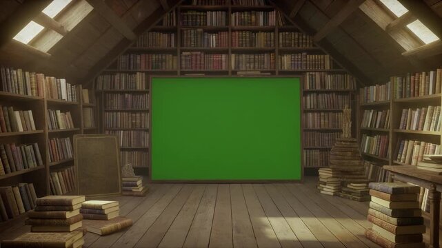 old books in library and green screen on the wall