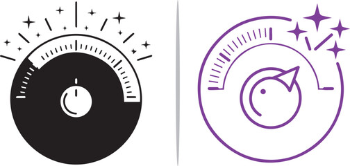 Fototapeta premium Two stylized dial icons, one black and one purple, showing a gauge at high capacity with sparkles and motion lines, representing peak performance, speed, volume, and optimization.