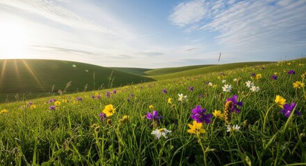 Wildflowers in Green Field at Sunrise.