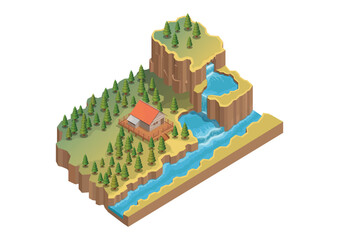 Nature Landscape with Wooden Cabin, Waterfall, and Pine Forest.