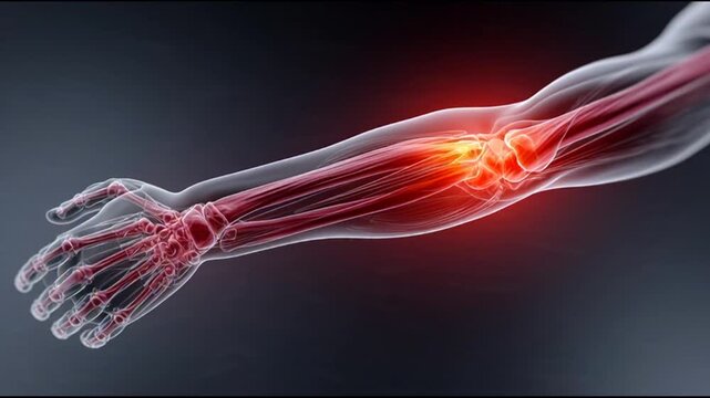 Anatomical illustration of a human arm showing wrist pain and inflammation from a medical condition or injury