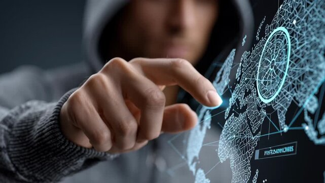 Cybersecurity and Data Privacy concept ,Man hoodie finger touching digital world map with futuristic glowing network points