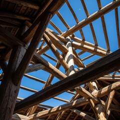 Wooden House Frame Under Construction.